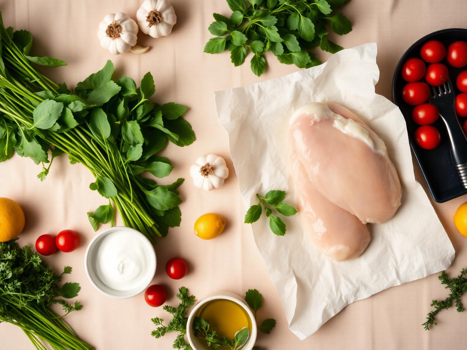 Fresh ingredients arranged on a warm beige surface ready to be cooked